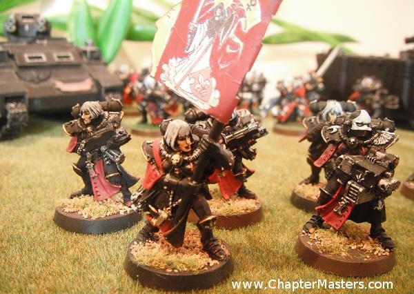 Battle sitster with banner, batte sister with blessed banner, Battle sister squad, Battle Sister with storm bolter, sisters of battle